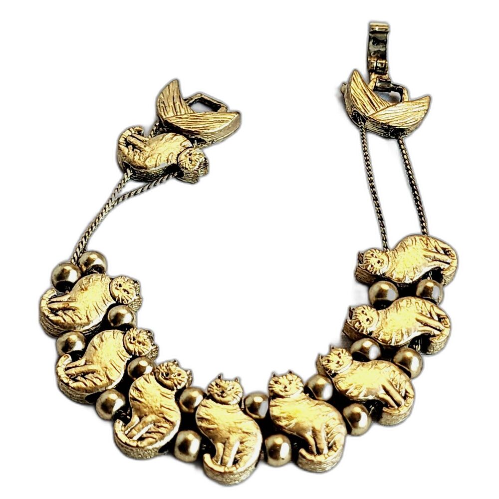 Vintage Gold Tone Cat Slider Bracelet Double Chain Whimsical Feline 7”